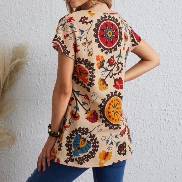 Boho Khaki Red Floral Tunic Top Cottagecore - Picture 4 of 4